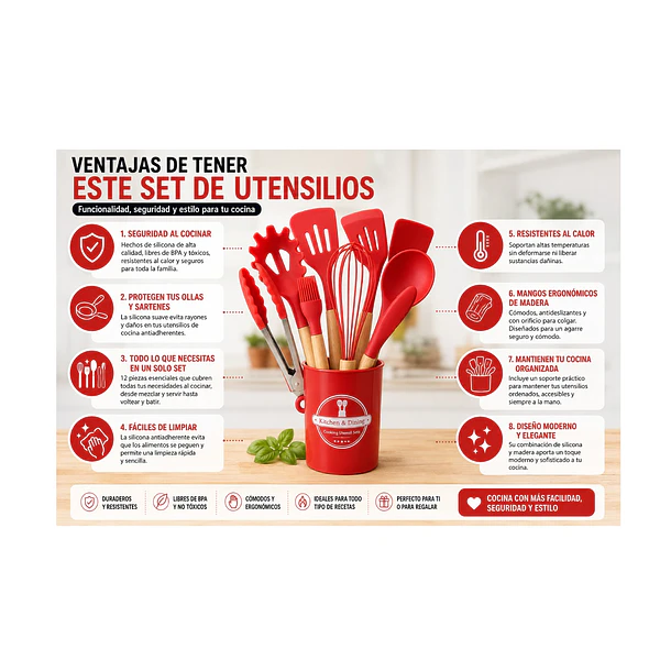 Set de Utensilios de Cocina de Silicona 12 Piezas Color Rojo 5