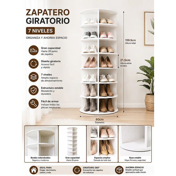 Zapatero Giratorio Cilíndrico 7 Niveles 159.5cm Organizador de zapatos/carteras  TN 3