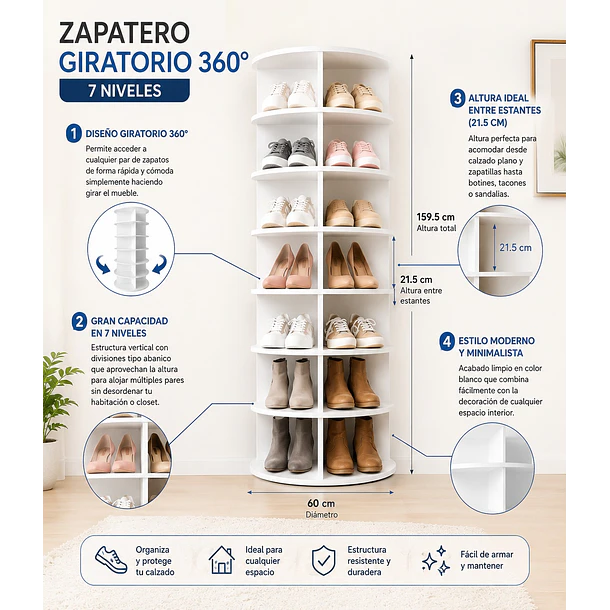 Zapatero Giratorio Cilíndrico 7 Niveles 159.5cm Organizador de zapatos/carteras  TN 4