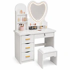 Tocador Moderno Con Espejo Led Corazón Cajones Y Taburete DN 1