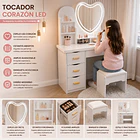 Tocador Moderno Con Espejo Led Corazón Cajones Y Taburete DN 3
