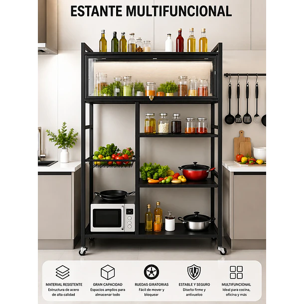 Estantería De Cocina Multiuso Con Gabinete Superior Y Ruedas NL 5
