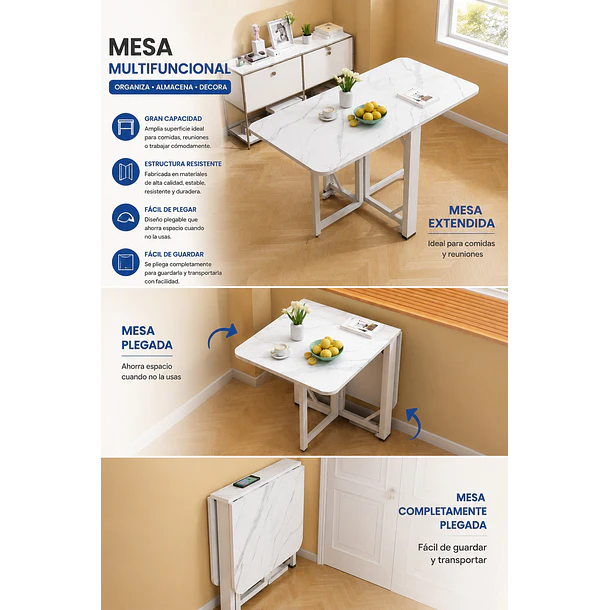 Mesa De Comedor Plegable Multiuso Efecto Mármol 120x60x75cm TN 5