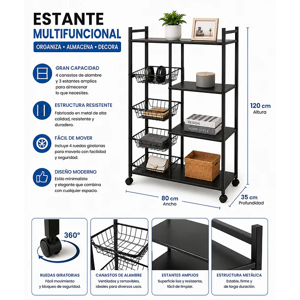 Estante Organizador Multiuso Con Ruedas Y Canastas 120x32x80CM DN 4