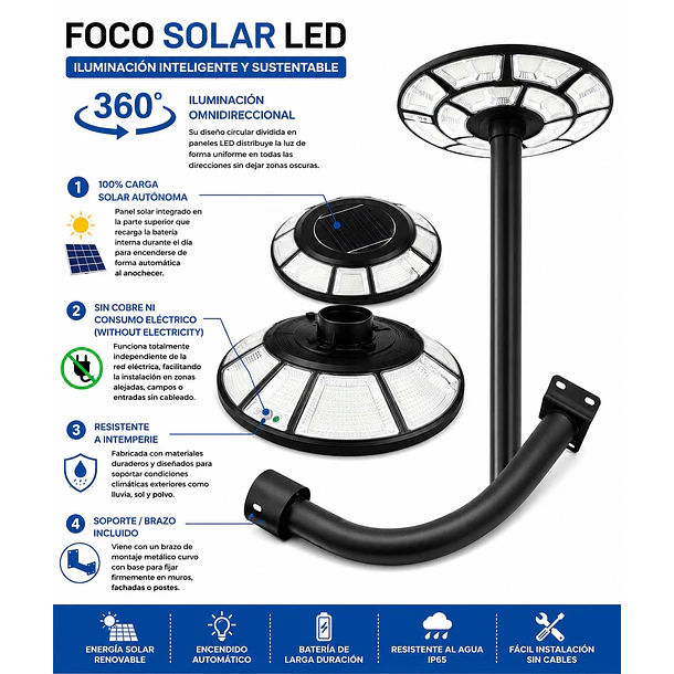 Foco Lámpara Solar Tipo Cúpula + Brazo De Soporte + Control Remoto 1000w DN 6