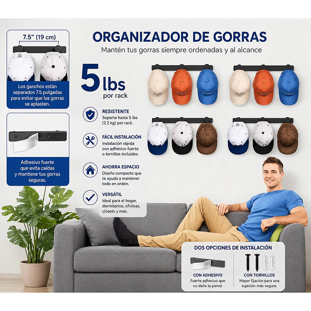 Perchero Organizador De Pared Para Gorras, Jockeys, Multiuso TN 4