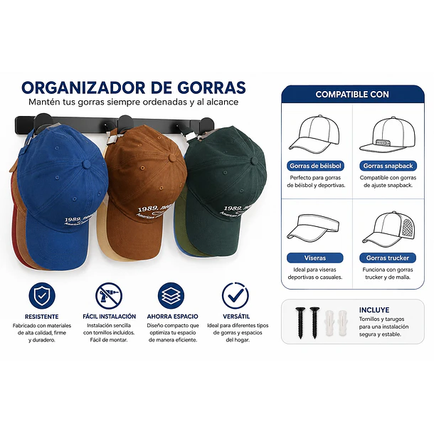 Perchero Organizador De Pared Para Gorras, Jockeys, Multiuso TN 1