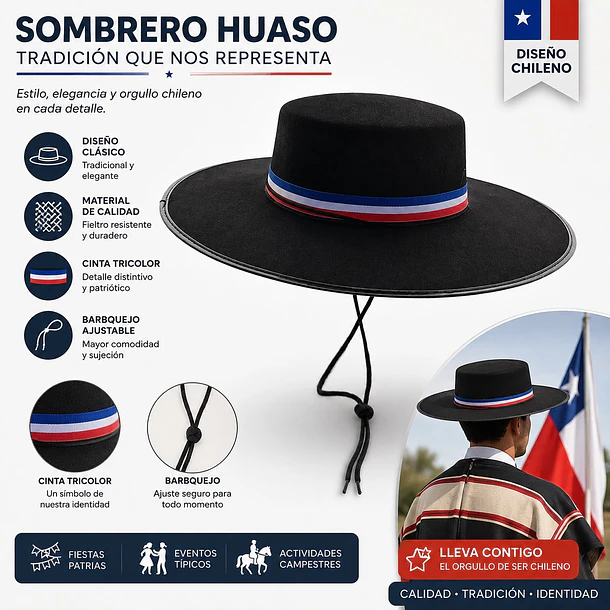 Sombrero Huaso Chileno Negro Tricolor Ideal Fiestas Patrias COD18045 2