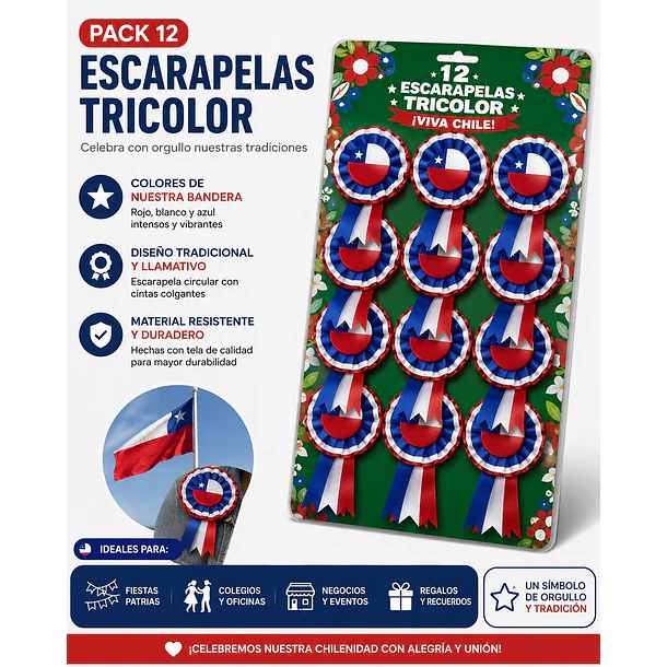 Pack X12 Escarapelas Chilenas Fiestas Patrias Tricolor COD1531 2