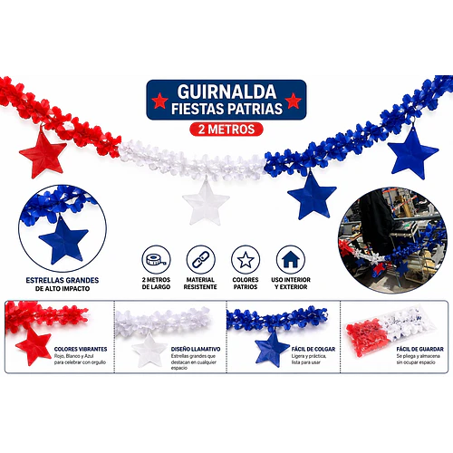 Packx5 Guirnaldas Fiestas Patrias Tricolor + Estrellas 2.60m