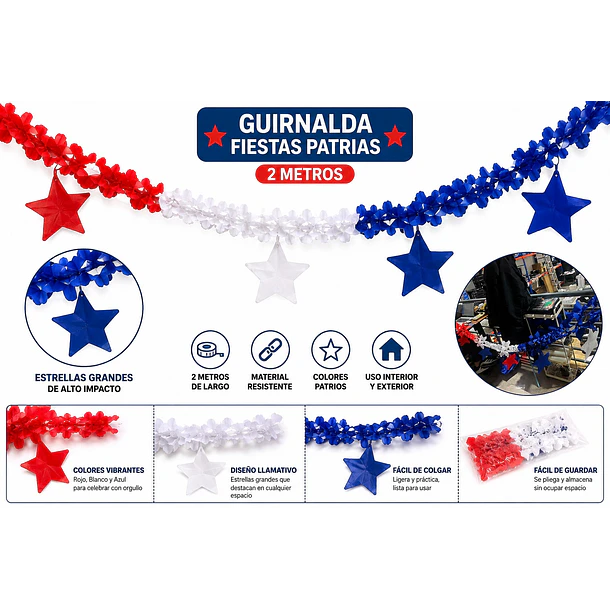 Packx5 Guirnaldas Fiestas Patrias Tricolor + Estrellas 2.60m 2