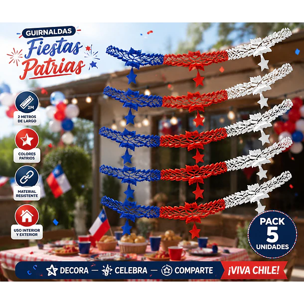 Packx5 Guirnaldas Fiestas Patrias Tricolor + Estrellas 2.60m 4