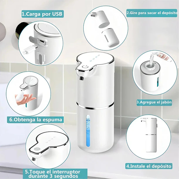 Dispensador De Jabón Automático Con Sensor Recargable USB Tipo C 380ml 2