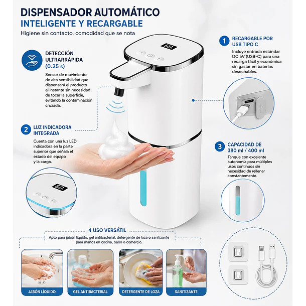 Dispensador De Jabón Automático Con Sensor Recargable USB Tipo C 380ml 6