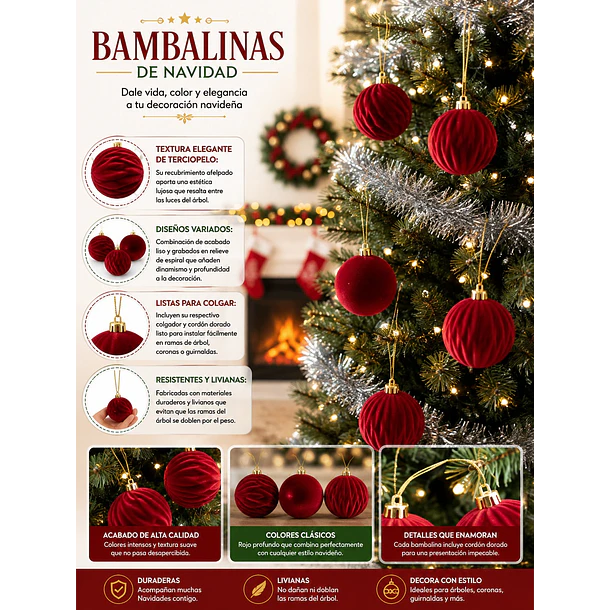 Set X6 Esferas Navideñas De Terciopelo Adornos Árbol Navidad LC 3
