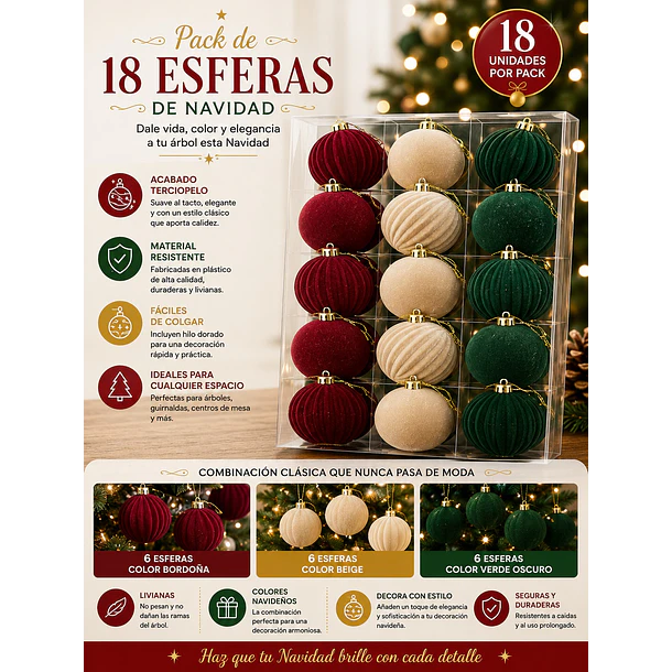Pack X18 Esferas Navideñas Bambalinas Bordo-beige-verde 9cm LC 10