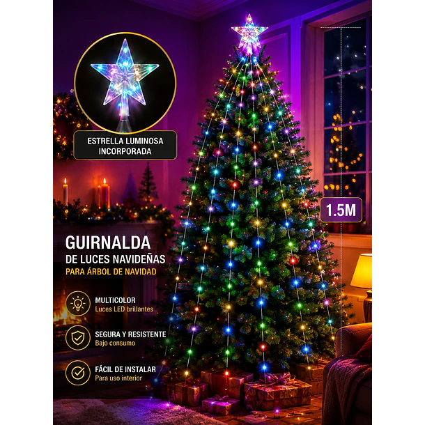 Luces Navideñas Cascada Para Árbol 1.5 Metros Led Multicolor NV 2