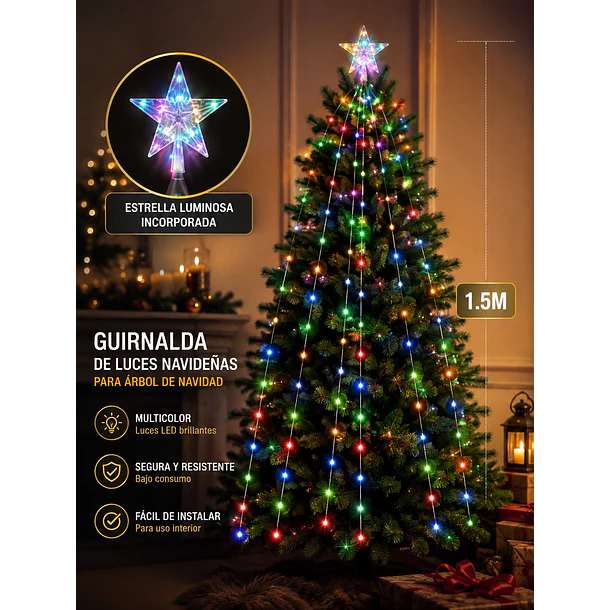 Luces Navideñas Cascada Para Árbol 1.5 Metros Led Multicolor NV 3