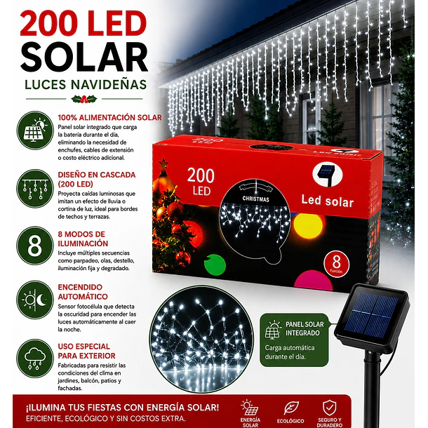 Luces Navideñas Solares Cascadas Exterior 200 Led 6 Metros 8 Funciones NV 2