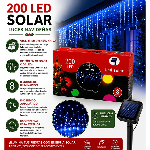 Luces Navideñas Solares Cascadas Exterior 200 Led 6 Metros 8 Funciones NV 5