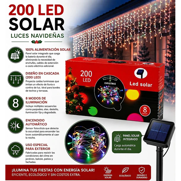 Luces Navideñas Solares Cascadas Exterior 200 Led 6 Metros 8 Funciones NV 9