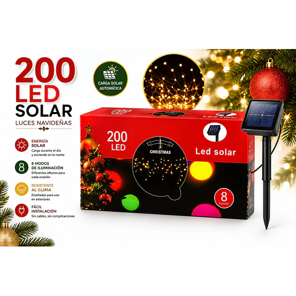 Luces Navideñas Solares Cascadas Exterior 200 Led 6 Metros 8 Funciones NV 11
