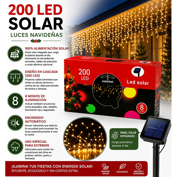 Luces Navideñas Solares Cascadas Exterior 200 Led 6 Metros 8 Funciones NV 13