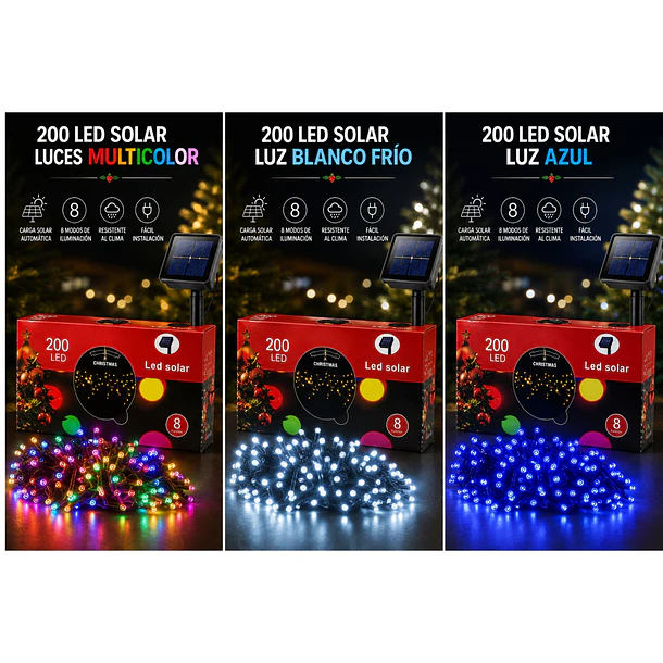 Luces Navideñas Solares Cascadas Exterior 200 Led 6 Metros 8 Funciones NV 14