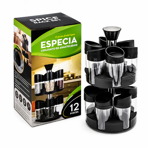 Especiero Giratorio 2 Niveles + Set 12 Piezas Condimenteros Negro