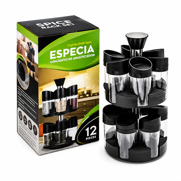 Especiero Giratorio 2 Niveles + Set 12 Piezas Condimenteros Negro 1