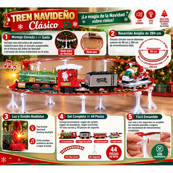 Tren Navideño Suspendido Para Árbol 44 Piezas Luz Y Sonido  4