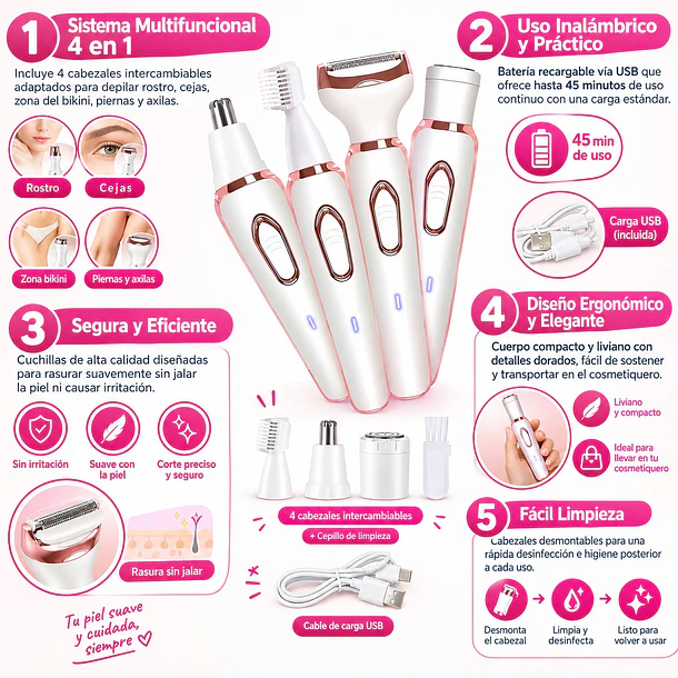 Kit De Depilación Y Rasurado Femenino 4 En 1 Recargable Usb  5