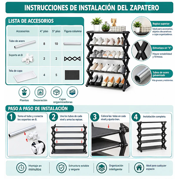 Zapatero Organizador Multinivel De 5 Pisos 42x18.5x64.5 Cm 3