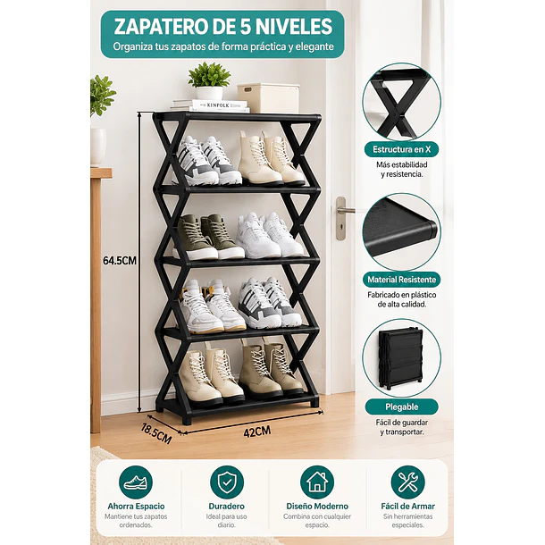Zapatero Organizador Multinivel De 5 Pisos 42x18.5x64.5 Cm 4