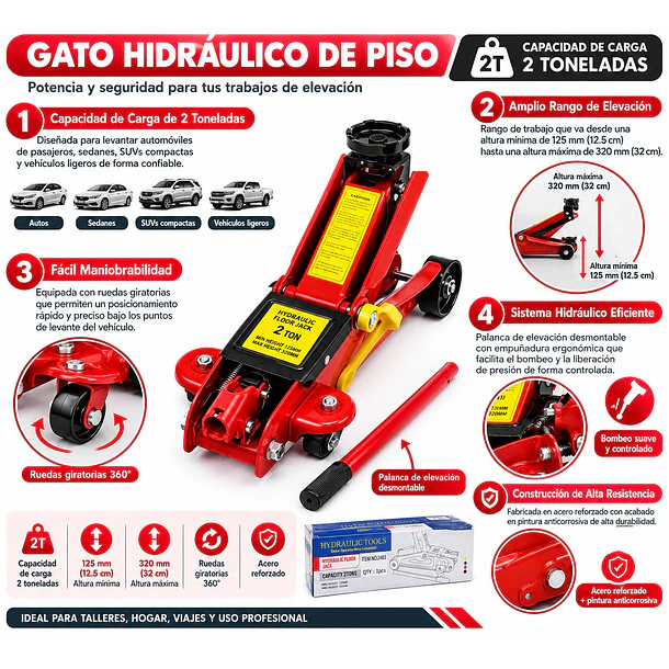 Gata Hidráulica Tipo Caimán 2 Toneladas Para Auto 125-320 Mm 5