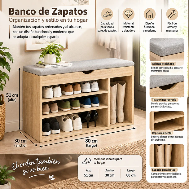 Zapatero Organizador De Zapatos Banca Probador Café Claro  6