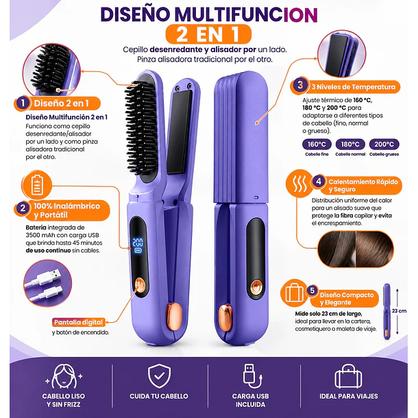 Cepillo Plancha Alisadora 2 En 1 Portátil Recargable Usb CH 5