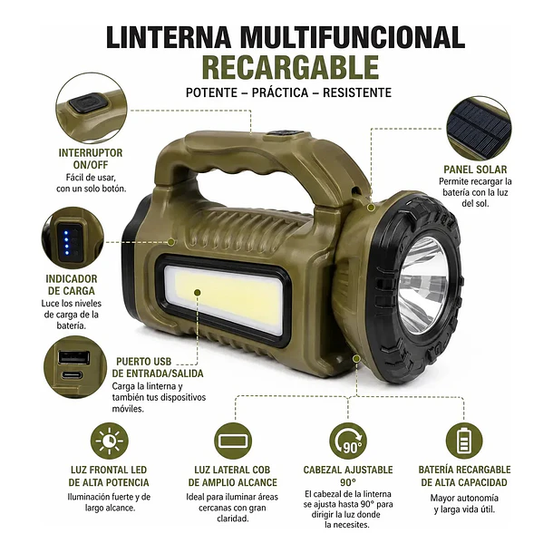 Linterna Reflector Led Solar Multifuncional Recargable Usb 5