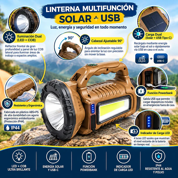 Linterna Reflector Led Solar Multifuncional Recargable Usb 6