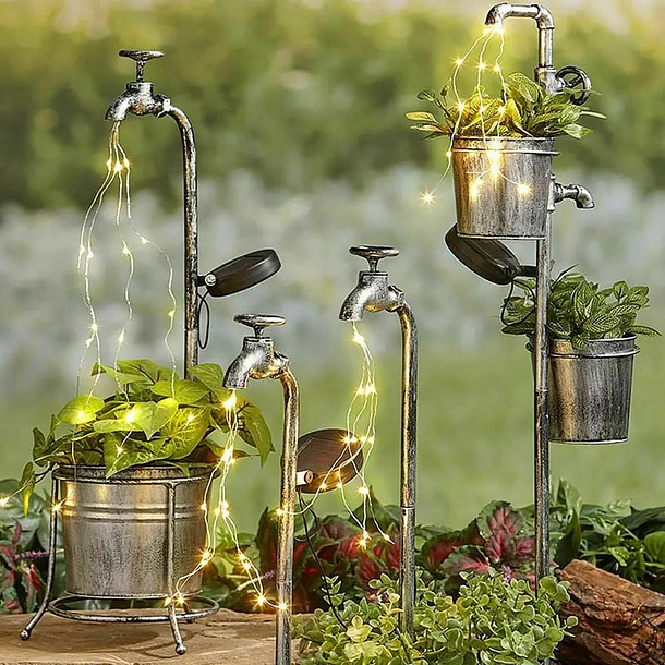 Adorno Solar Led Para Jardín Diseño Grifo Con Cascada De Luz 3