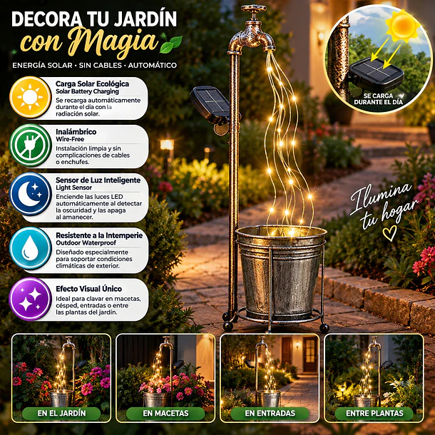 Adorno Solar Led Para Jardín Diseño Grifo Con Cascada De Luz 4
