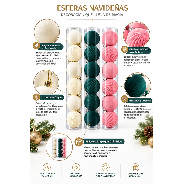Pack X18 Esferas Navideñas De Terciopelo Rosa-verde-beige 2