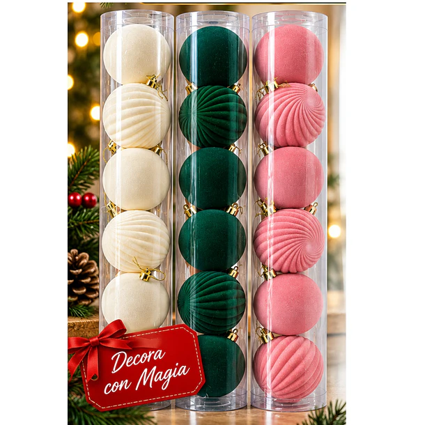 Pack X18 Esferas Navideñas De Terciopelo Rosa-verde-beige 3