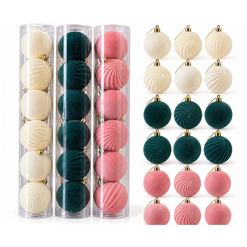 Pack X18 Esferas Navideñas De Terciopelo Rosa-verde-beige
