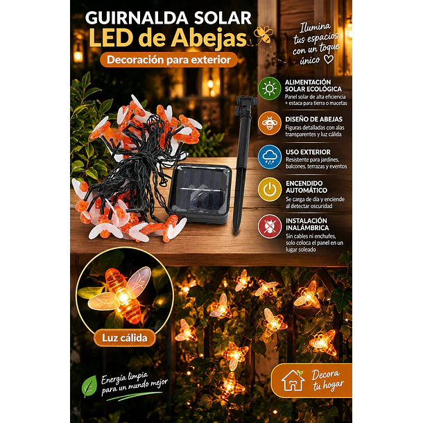 Guirnalda De Luces LED Solar Diseño Abejas Decoración Jardín 6.5M 4