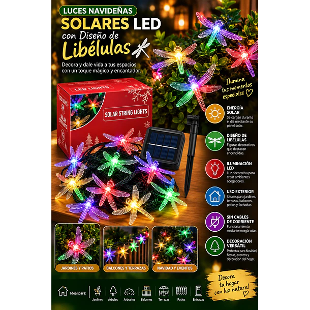 Luces Guirnaldas Solares Led Con Diseño De Libélulas 6.5 M 6