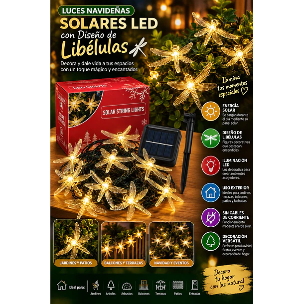 Luces Guirnaldas Solares Led Con Diseño De Libélulas 6.5 M 7