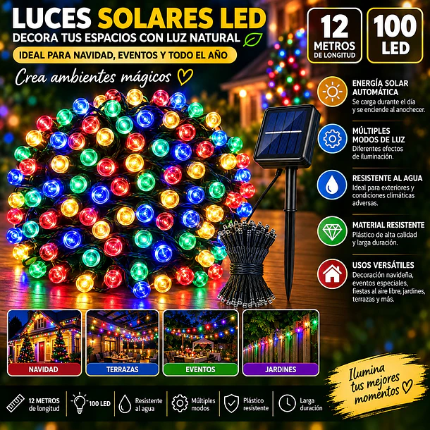 Luces Guirnalda Navidad Solares 100 Led 12m Decoracion 6