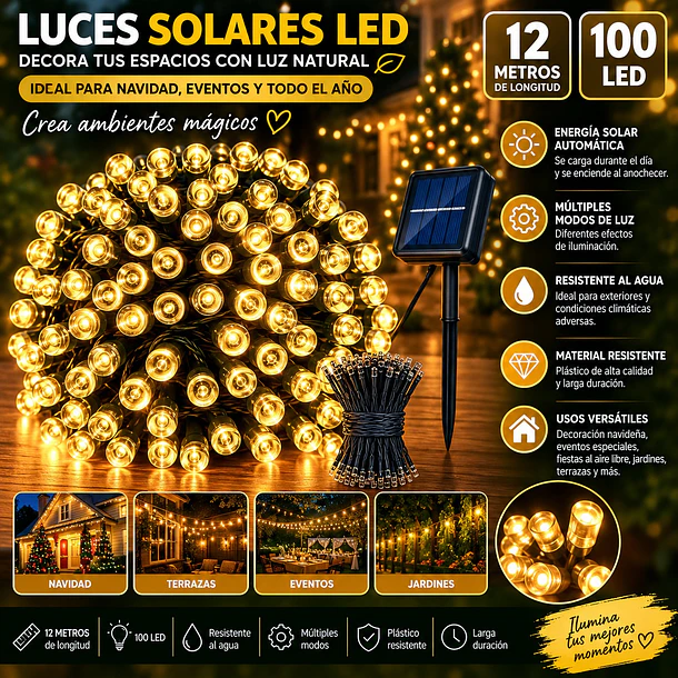 Luces Guirnalda Navidad Solares 100 Led 12m Decoracion 7