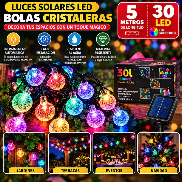 Guirnalda De Luces Solar Led Esferas Cristal 5 Metros 30 Led 8
